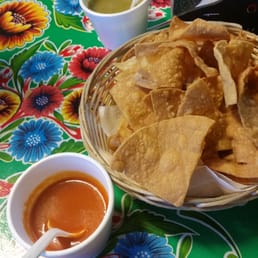 Yummy chips and green and red salsa Yummy chips and green and red salsa