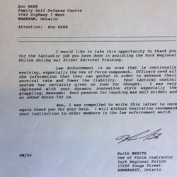 Ron Beer Family Self Defense Centre - A letter from a York Regional Police Trainer