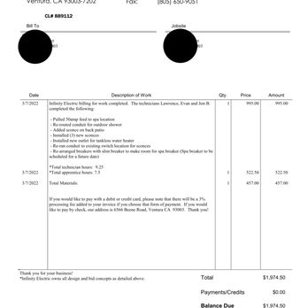 Infinity Electric  - Original invoice. - Electricians Near Me - Ventura, California