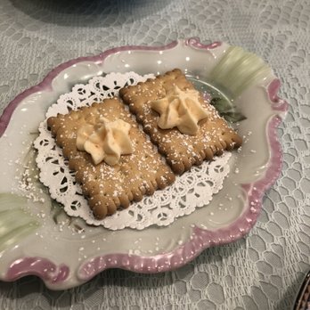 Painted Tea Cup - Starter course: tea biscuits with a cream cheese/pepper jelly spread. Yum! - Tea Rooms Near Me - Upper Darby, Pennsylvania