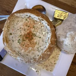 clam chowder in a sourdough bowl