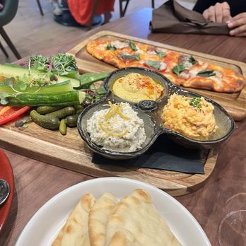 Curious Cork Wine & Provisions - Dip Trio and Margherita flatbread - Wine Bars Near Me - Orlando, Florida Curious Cork Wine & Provisions - Dip Trio and Margherita flatbread - Wine Bars Near Me - Orlando, Florida