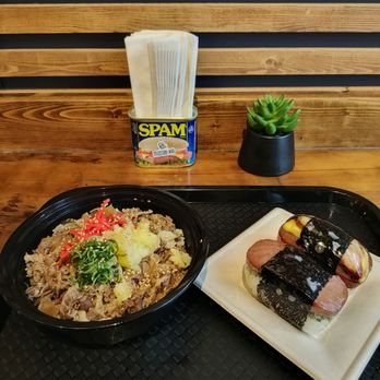 Musubi Kai - Pineapple beef sukiyaki  Classic spam musubi  Spam + egg + eel musubi - Hawaiian Near Me - Seattle, Washington