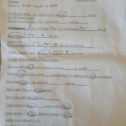Schrock's Slaughter House - Copy of the cut sheet they took the liberty of filling out