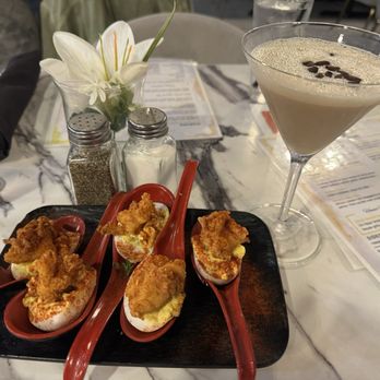 Table 22 - Fried chicken on deviled eggs with an espresso martini. - Soul Food Near Me - Tampa, Florida Table 22 - Fried chicken on deviled eggs with an espresso martini. - Soul Food Near Me - Tampa, Florida