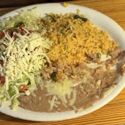 Los Guerrero's - Yellow rice, refried beans, salad..