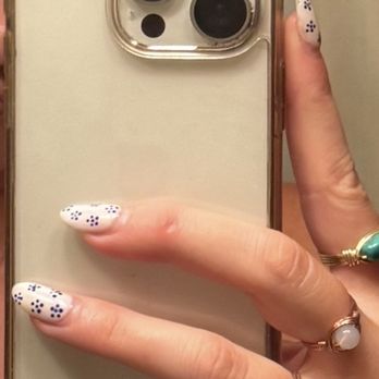 Nu-Image Nails & Spa - White milky base with dark blue flowers - Nail Salons Near Me - Santa Barbara, California
