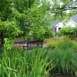 The Greens At Greenwich - A walking path through the secure garden, with benches and a footbridge.