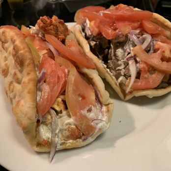 Cafe Rumi - Chicken gyro on the left, beef/lamb gyro on the right - Mediterranean Near Me - Castro Valley, California