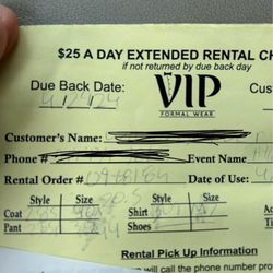 Vip Formal Wear - This is my receipt of my return date.
