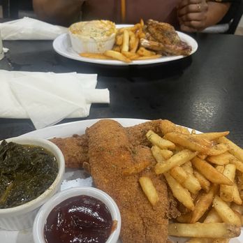 Sol'Delish - 1. Fried flounder, fries, greens. 2. Jerked turkey wing, fries, mac n cheese - Soul Food Near Me - Charlotte, North Carolina Sol'Delish - 1. Fried flounder, fries, greens. 2. Jerked turkey wing, fries, mac n cheese - Soul Food Near Me - Charlotte, North Carolina