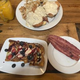 Fried chicken, berry dream French toast with a side of bacon