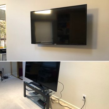 The Floating TV - After pic on top and Before pic on the bottom - Home Theatre Installation Near Me
