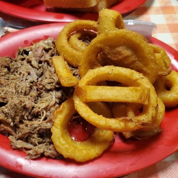 Bucky Bee's BBQ - My pulled pork bbq with onion rings - Barbeque Near Me - Cave City, Kentucky Bucky Bee's BBQ - My pulled pork bbq with onion rings - Barbeque Near Me - Cave City, Kentucky