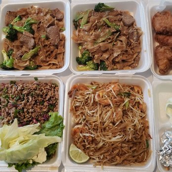 Aim Thai Restaurant - $5 of sticky rice, beef pad see ew, fried crunchy & savory chicken wings, beef laab, shrimp pad thai, and laos papaya salad. - Thai Near Me - Houston, Texas