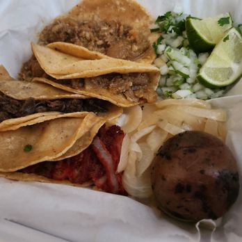 Taco Rey - Chicharron tacos, one barbacoa taco, trompo taco, side of cilantro and onions, grilled onions, and a small cooked potato. - Mexican Near Me - Grand Prairie, Texas Taco Rey - Chicharron tacos, one barbacoa taco, trompo taco, side of cilantro and onions, grilled onions, and a small cooked potato. - Mexican Near Me - Grand Prairie, Texas