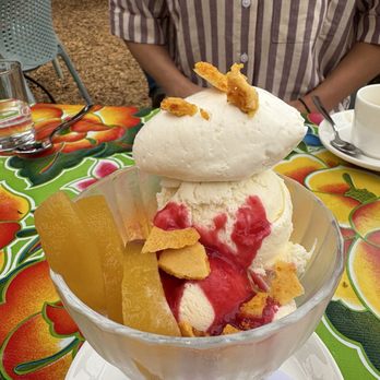 The Spinster Sisters - Ice cream with poached peaches and raspberry sauce - New American Near Me - Santa Rosa, California