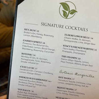 Botanic - Bourbon bar cocktail menu (just the first page). Long list of available spirits - Southern Near Me - Opelika, Alabama