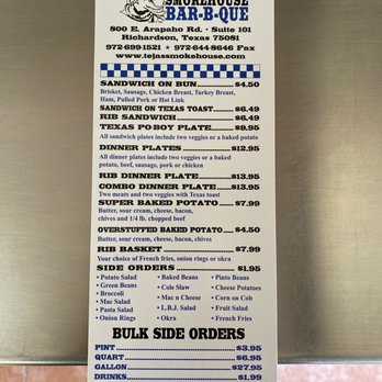 Texas Smokehouse Bar-B-Que - Menu front - Barbeque Near Me - Richardson, Texas Texas Smokehouse Bar-B-Que - Menu front - Barbeque Near Me - Richardson, Texas