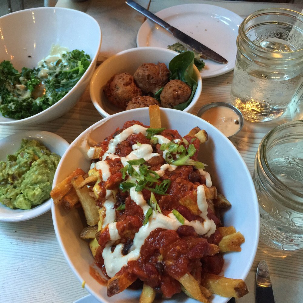 MeeT - Steamed kale, corn fritters, chili cheez fries, and guacamole. - Burgers Near Me - Vancouver, British Columbia MeeT - Steamed kale, corn fritters, chili cheez fries, and guacamole. - Burgers Near Me - Vancouver, British Columbia
