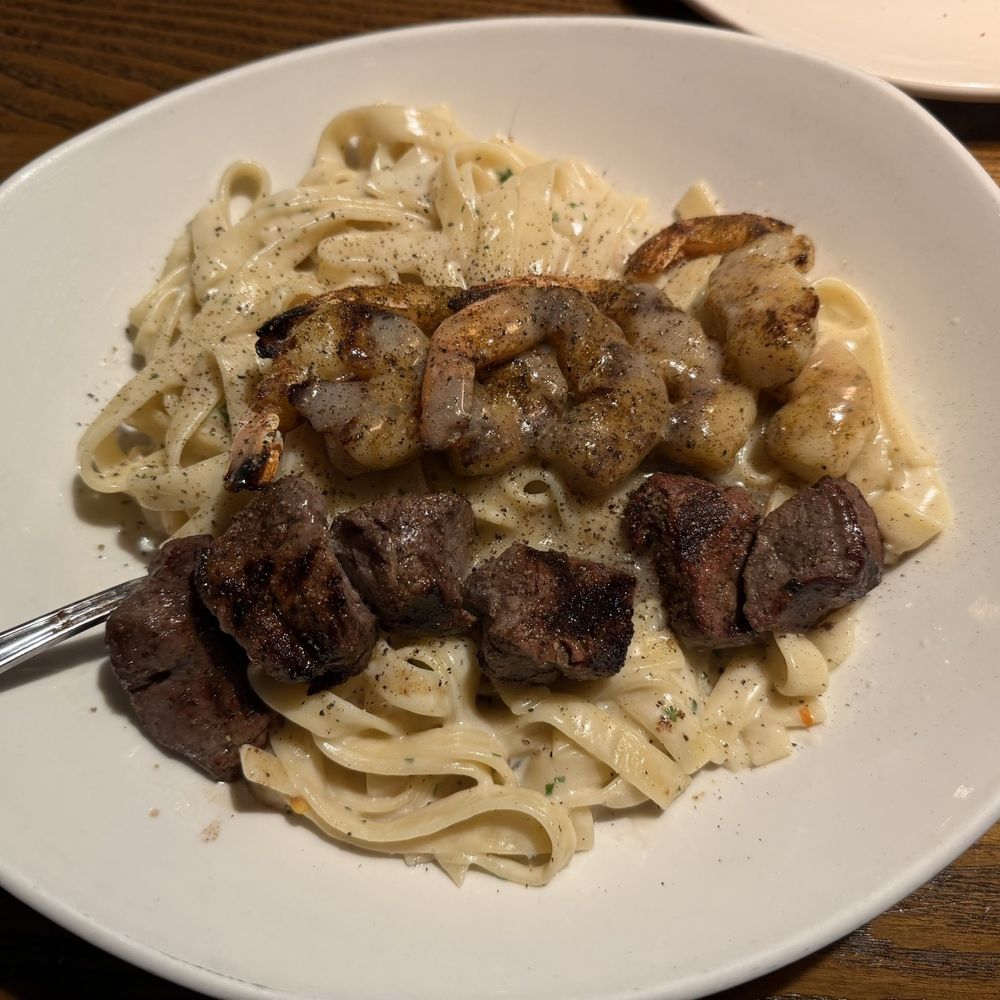 Steak and shrimp pasta.