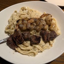 Steak and shrimp pasta.