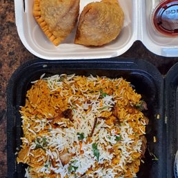 Vegetable samosas and chicken biryani Vegetable samosas and chicken biryani
