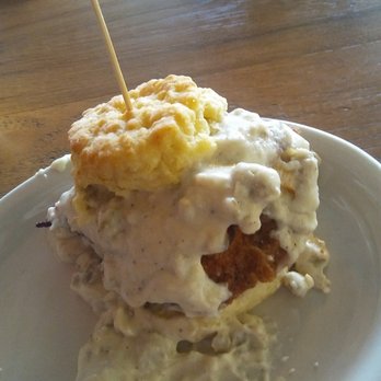 Maple Street Biscuit - Gainesville - The Five! Chicken biscuit, ceddar cheese, peacan bacon and gravy. - Breakfast & Brunch Near Me - Gainesville, Florida