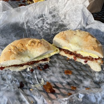 Bagels Plus - Bacon egg and cheese on Asiago - Bagels Near Me - Tampa, Florida Bagels Plus - Bacon egg and cheese on Asiago - Bagels Near Me - Tampa, Florida