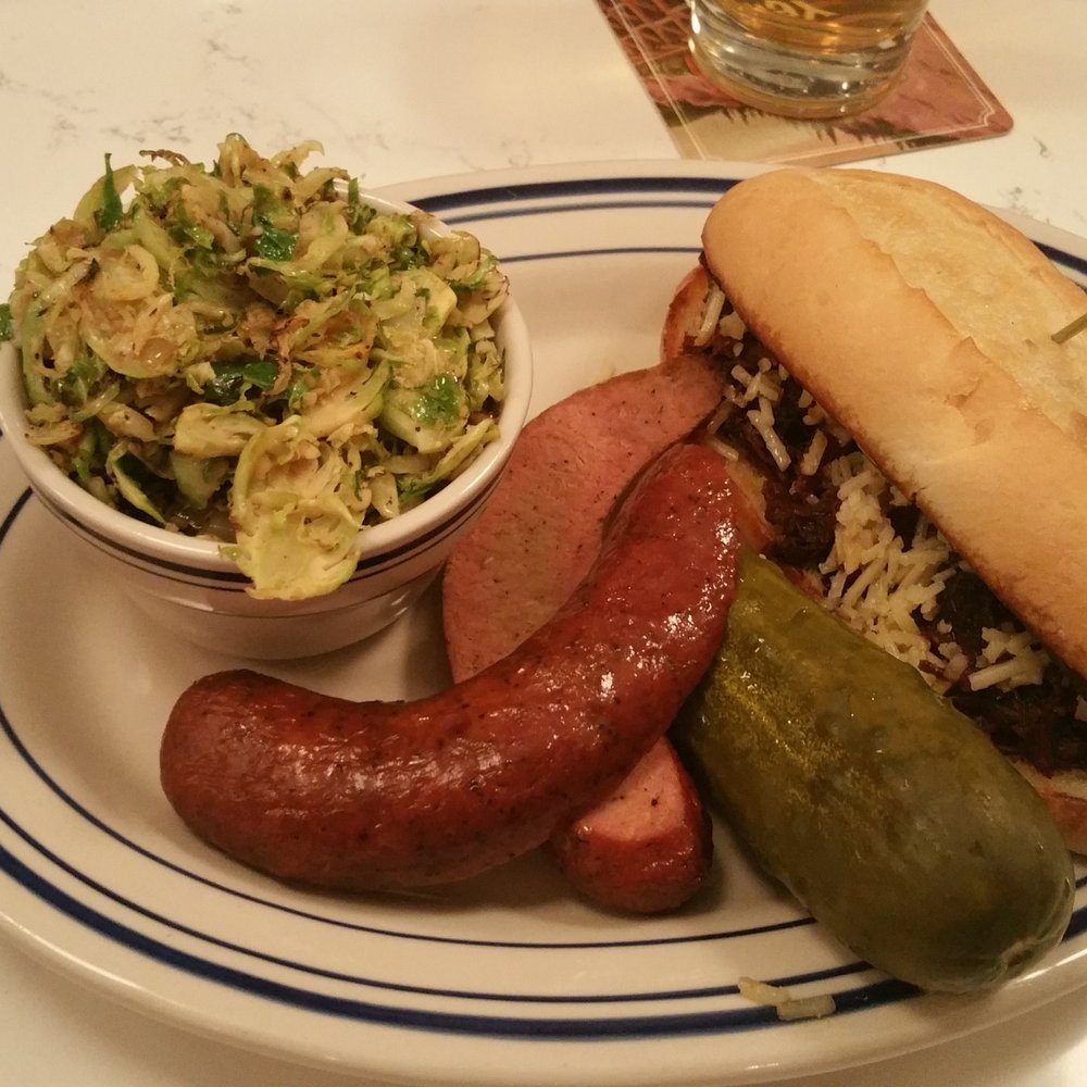 Meat - Rib tip sandwich, shredded brussel sprouts, andouille sausage, and a pickle. - Barbeque Near Me - Edmonton, Alberta