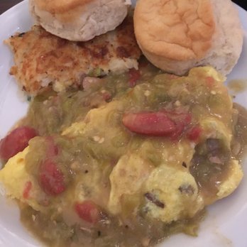 Ruperts at the Edge - Omelet with smothered green chilies!!! Biscuits were hot and fresh and the potatoes cake was delish! - Breakfast & Brunch Near Me - Edgewater, Colorado