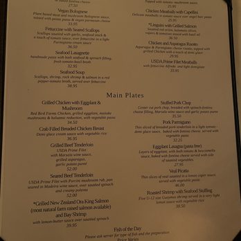 Vivace - Menu - The menu features pasta options like Penne with Sausage and Four Cheese Manicotti, along with main plates including grilled chicken, crab breaded chicken, and seafood dishes. - Italian Near Me - Tucson, Arizona