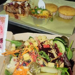 Pulled pork sandwich 2 corn bread bbq beans and salad bar