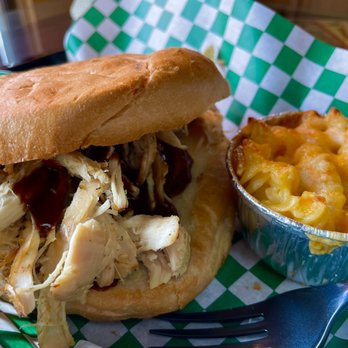 Mac Nation Cafe - Pulled BBQ Chicken Sandwich with a side of Mac - Soul Food Near Me - Indian Hills, Colorado Mac Nation Cafe - Pulled BBQ Chicken Sandwich with a side of Mac - Soul Food Near Me - Indian Hills, Colorado