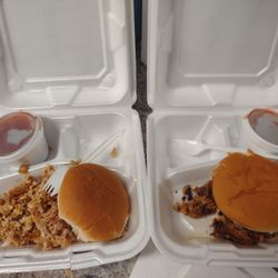 Pulled chicken and pulled pork sandwiches.