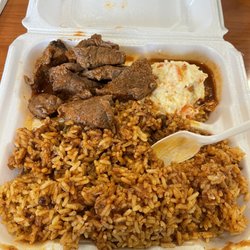 Celia's Restaurant - Arroz con gandules (yellow rice with pigeon peas)/ Potato Salad/ Carne Guisado (Stewed Beef)