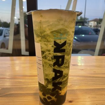 Krak Boba - Matcha Storm with boba and pudding - Bubble Tea Near Me - Menifee, California Krak Boba - Matcha Storm with boba and pudding - Bubble Tea Near Me - Menifee, California