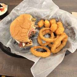 Huckle Burger - Huckle burger with bacon.  Tots and onion rings