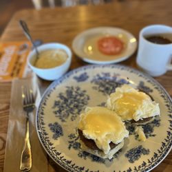 Cracker Barrel Old Country Store - Biscuit Benny with sides & coffee. No spoon for the coffee. No napkins.