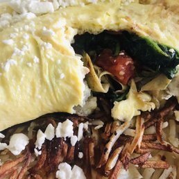 Mediterranean omelette with artichokes, tomatoes, spinach, and topped with feta cheese. Side of hash browns. Mediterranean omelette with artichokes, tomatoes, spinach, and topped with feta cheese. Side of hash browns.