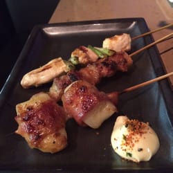 Robata Maplewood - Yakitori: bacon wrapped scallops, pork belly, chicken and asparagus