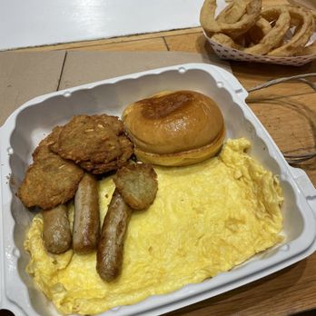 Grindhouse Killer Burgers - Onion rings and omelette platter - Burgers Near Me - Atlanta, Georgia Grindhouse Killer Burgers - Onion rings and omelette platter - Burgers Near Me - Atlanta, Georgia