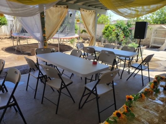 Tables/ Chair Rentals - Get convenient party equipment rentals for your upcoming occasion. As we grow stay tuned for updated inventory. Know that rentals come to you cleaned, and in pristine condition for an elevated rental experience. We never compromise on quality but help fit within your timeline and budget! Call or message today. Tables/ Chair Rentals - Get convenient party equipment rentals for your upcoming occasion. As we grow stay tuned for updated inventory. Know that rentals come to you cleaned, and in pristine condition for an elevated rental experience. We never compromise on quality but help fit within your timeline and budget! Call or message today.