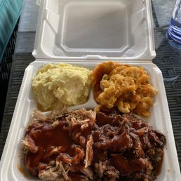 Combination platter with brisket (Sunday), pulled pork, sweet BBQ, Mac & cheese, and potato salad Combination platter with brisket (Sunday), pulled pork, sweet BBQ, Mac & cheese, and potato salad