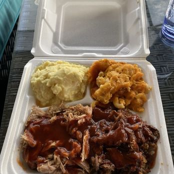 Jonesez BBQ - Combination platter with brisket (Sunday), pulled pork, sweet BBQ, Mac & cheese, and potato salad - Barbeque Near Me - Fort Myers, Florida Jonesez BBQ - Combination platter with brisket (Sunday), pulled pork, sweet BBQ, Mac & cheese, and potato salad - Barbeque Near Me - Fort Myers, Florida