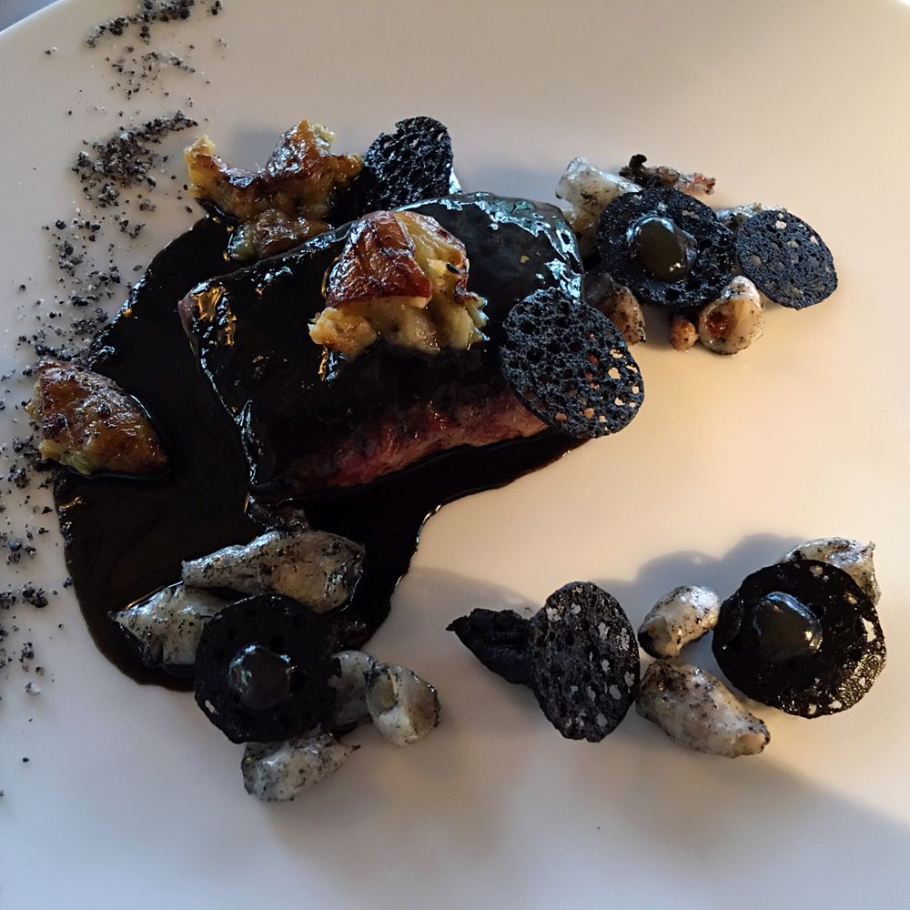 Pavillon Ledoyen - Wagyu Beef with Baby Calamari, Potato Tuile, Smoked Eggplant and Squid Ink Sauce - French Near Me - Paris, 75 Pavillon Ledoyen - Wagyu Beef with Baby Calamari, Potato Tuile, Smoked Eggplant and Squid Ink Sauce - French Near Me - Paris, 75