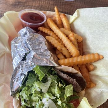 Wally's Cafe - Beef and 05. Beef & Lamb Gyros Wrap with extra crispy fries as requested. - Mediterranean Near Me - Rocklin, California