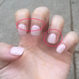 Notice the uneven application of dip powder near the cuticles, Notice the uneven application of dip powder near the cuticles,