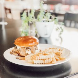 The Grind Cafe and Coffee Shop - Mushrooms Swiss burger and fries