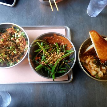 Chiko - Garden vegetable noodles (left), wok-blistered green beans (center), shrimp and toast (right) - Chinese Near Me - Washington, DC, District of Columbia